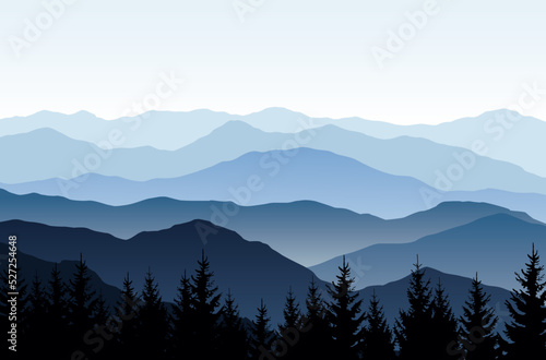 Vector nature landscape with blue silhouettes of mountains and forest