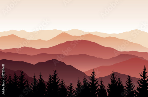 Vector nature landscape with red silhouettes of mountains and forest