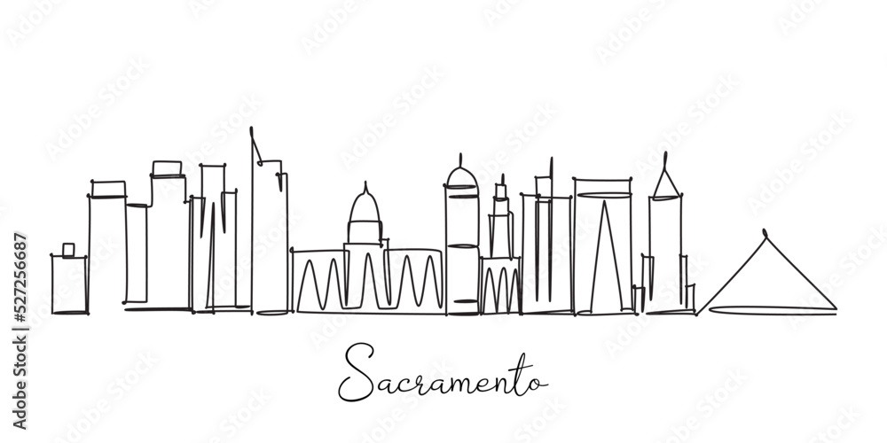 Single continuous line drawing of Sacramento city skyline US. Famous city skyscraper landscape. World travel postcard home decor wall art poster print concept. Modern one line draw design illustration