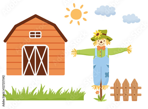 Smiling cute scarecrow character, farmhouse and fence in cartoon style. Set of Vector cute illustrations isolated on white