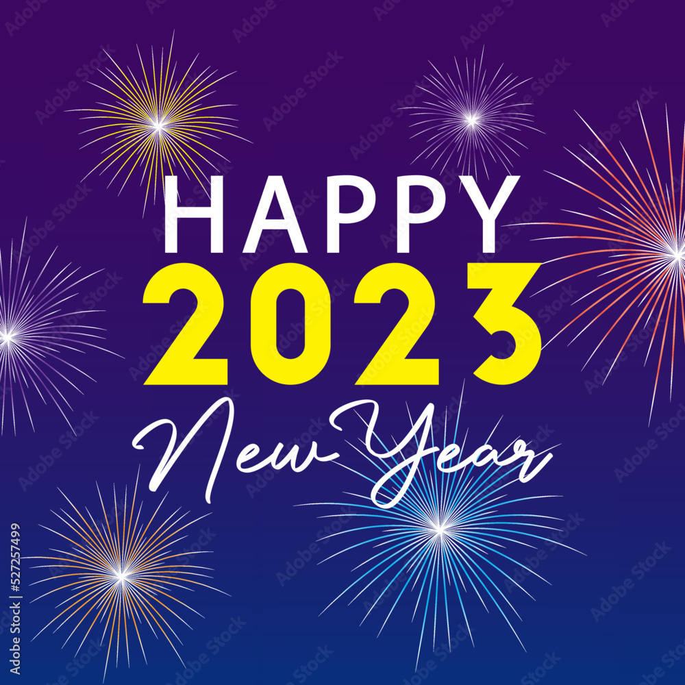 Greeting card Happy New Year 2023. Beautiful Square holiday web banner or billboard with text Happy New Year 2023 on the background of fireworks.