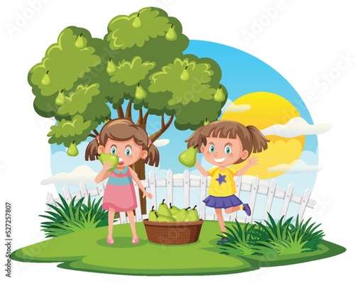 Happy girls with pear basket in the garden