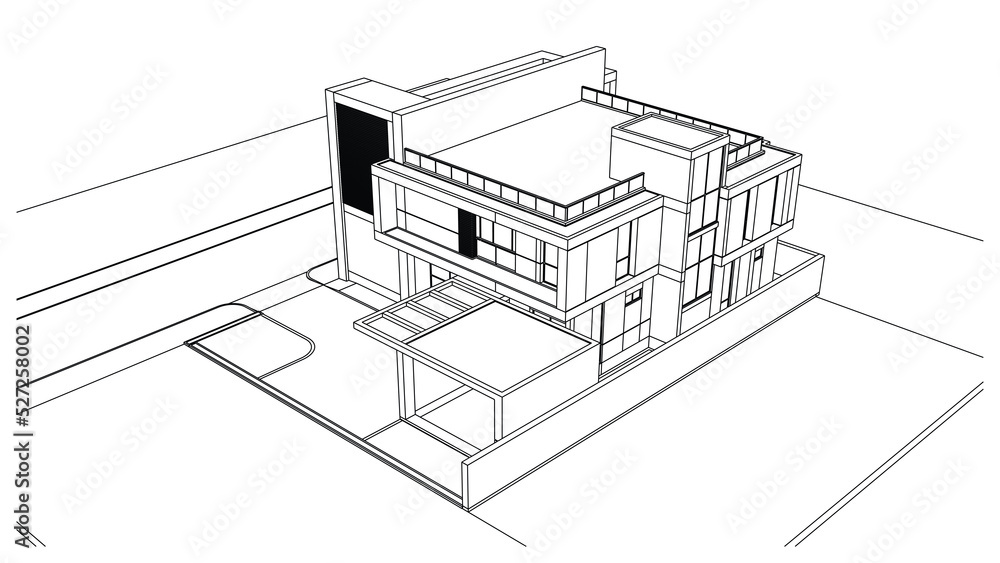 Wireframe of house. Wireframe perspective. 3D wireframe building.