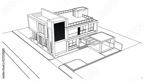 Wireframe of house. Wireframe perspective. 3D wireframe building.