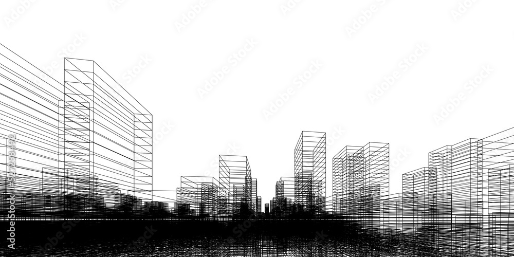 Fototapeta premium Wireframe perspective background. Building wireframe. Wireframe city background.