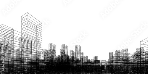 Wireframe perspective background. Building wireframe. Wireframe city background.
