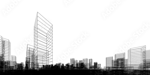 Wireframe perspective background. Building wireframe. Wireframe city background.