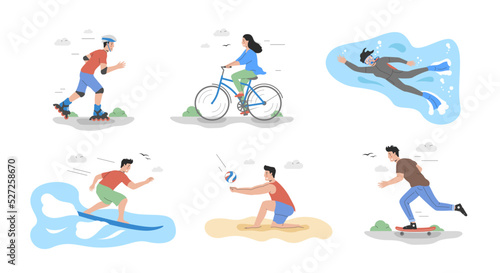 Active Sports Concept. Characters Roller Skating, Riding Bicycle, Going Diving, Surfing, Playing Volleyball And Skateboarding. Active Leisure And Healthy Lifestyle. Cartoon Flat Vector Illustration