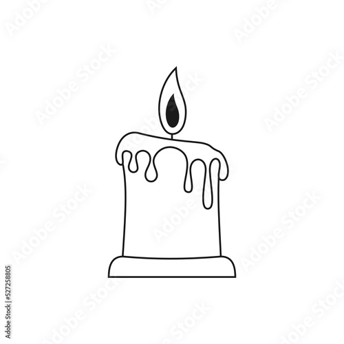 Icon of a paraffin and wax candle that is burning. Vector image of a fused candle with black lines.