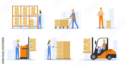 Warehouse And Cargo Goods Concept. Workers In Uniform Loading And Unloading Cardboard Boxes Use Forklift And Storehouse Equipment. Global Business. Linear Outline Cartoon Flat Vector Illustration