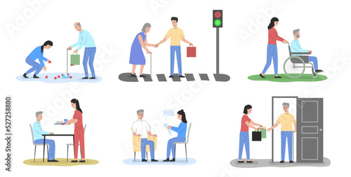 Concept Of Elderly People Help. Volunteers Male And Female Characters Men And Women Taking Care Of Elderly People Or Parents In Senior House Residence. Cartoon Linear Outline Vector Illustrations Set