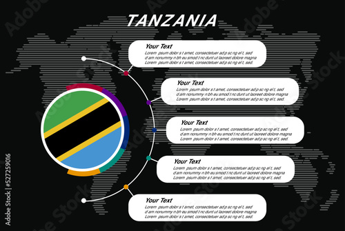Tanzania circle infographic with information text spaces, black background with world map, info template
