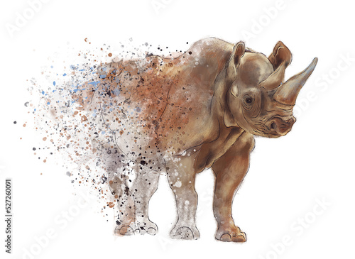 Rhinoceros Watercolor .Digital Painting on White Background