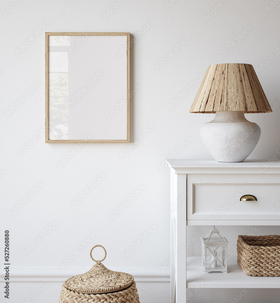 Old wooden frame mockup in Scandinavian farmhouse living room interior