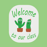 Wesołe rysunkowe kaktusy z napisem witamy w naszej klasie