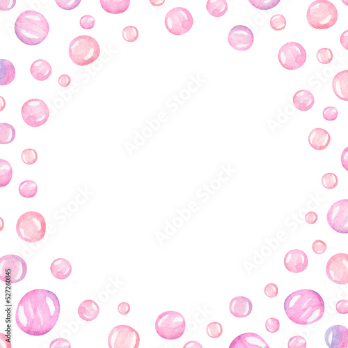 Cute pink frame with bubbles, bubble gum border illustration for Birthday card, baby shower © Liubov