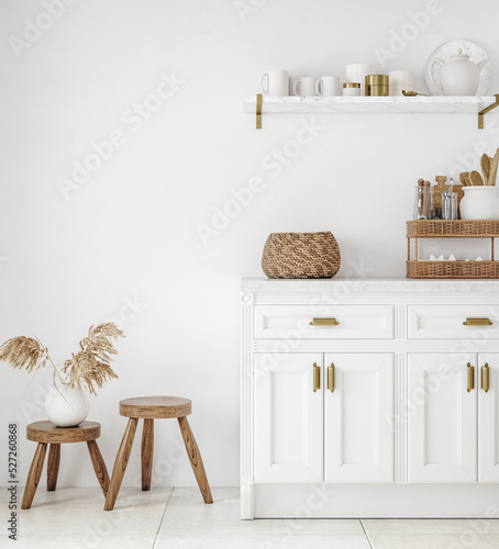 White cozy farmhouse kitchen interior background, 3d render photo