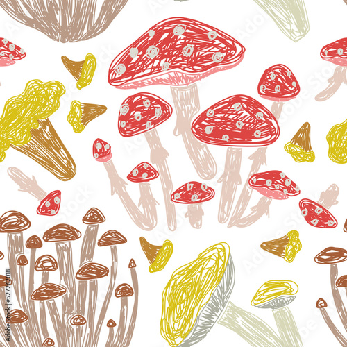 Mushrooms set seamless pattern. Boletus edulis, chanterelle, boletus and cantharellus cibarius. Hand drawn vector illustration. Pen or marker doodle sketch