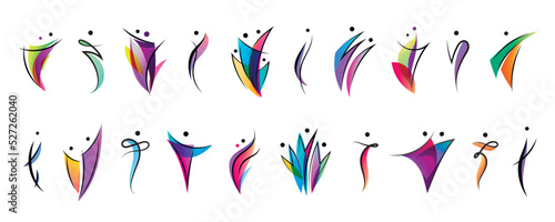 Vector set human body logos, people shapes, linear colorful stylized figures. Use for fitness, wellness, sport competitions, danc logo, other activities identity. Family, community, together.