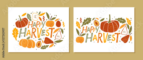Happy Harvest card set. Hand drawn lettering with autumn fruits and vegetables on white background. Harvest, Autumn Design element for poster, banner, print, logo, badge. Oval and rectangular signs.