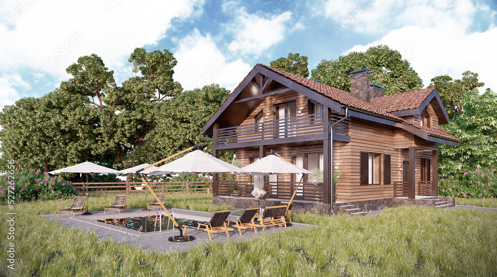 Wooden style house. Beautiful landscape and wonderful outlook. Located in a picturesque area. 3d render Wooden style house. Beautiful landscape and wonderful outlook. Located in a picturesque area. 3d render