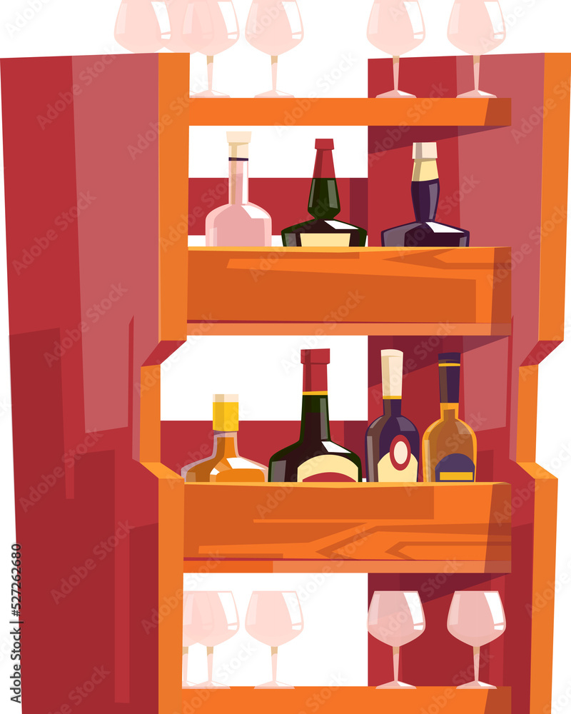Shelves, alcohol, glasses Shelves, alcohol, glasses
