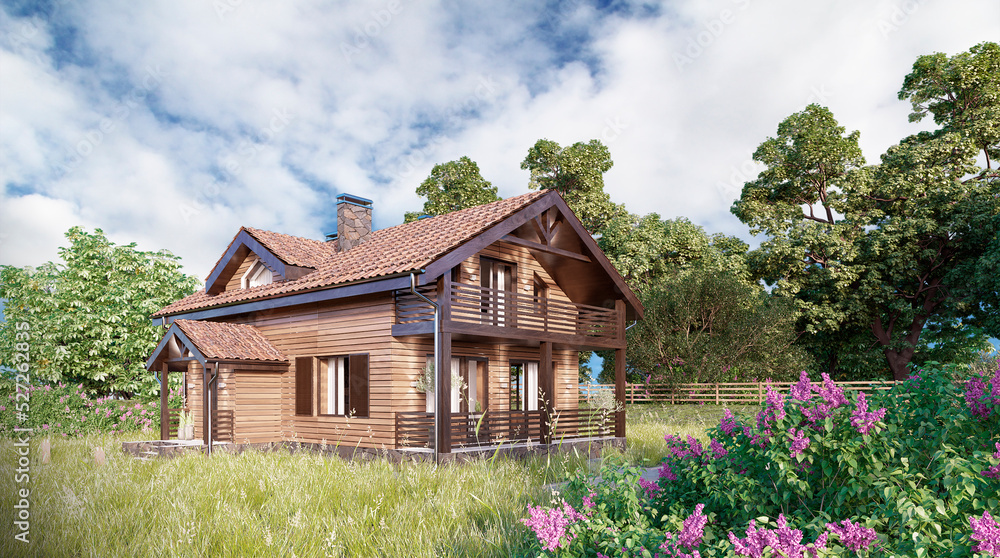 Wooden style house. Beautiful landscape and wonderful outlook. Located in a picturesque area. 3d render Wooden style house. Beautiful landscape and wonderful outlook. Located in a picturesque area. 3d render