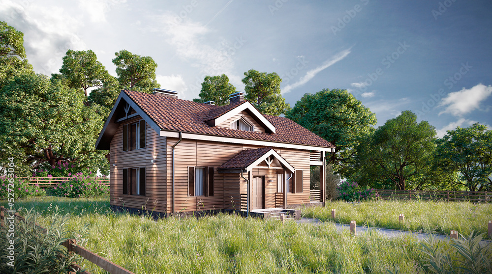  Wooden style house. Beautiful landscape and wonderful outlook. Located in a picturesque area. 3d render