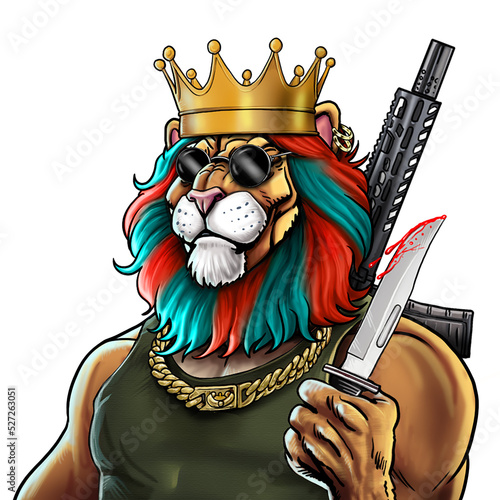 mascot of a dangerous lion in the jungle with a rifle and a knife in his hand	
