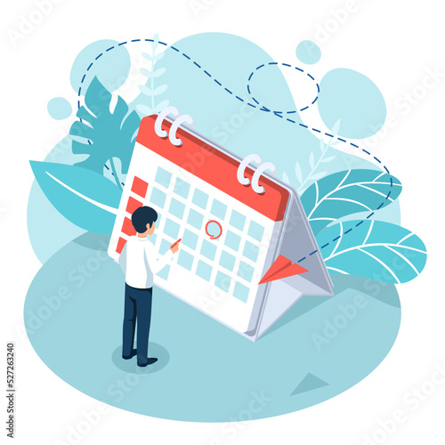 Miniature businessman hold pen marks the date, holiday, priority, important, notification, reminder day on calendar concept. Isometric view. Vector illustration flat design for banner and poster.