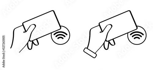 to check in or out. Cartoon hand with contactless wireless payment card means. Credit card nfc. Vector mobile payment concept. Pay symbol or pictogram, Tap to pay icon. Near-field communicatie