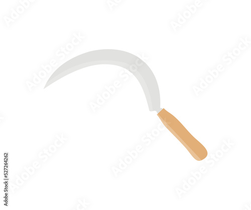 Sickle with wooden handle logo design. Agricultural tool, use for getting rid of grass or weeds in paddy field or gardens, use for harvesting rice or other purpose vector design and illustration.

