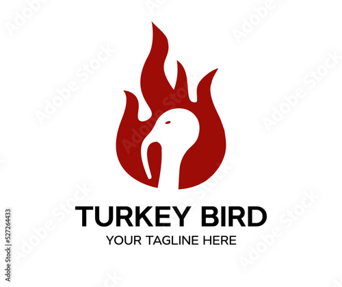 Rustic fire turkey bird logo, hen flame hot logo design. Hot and spicy bbq chicken, turkey fast food restaurant app vector design and illustration.