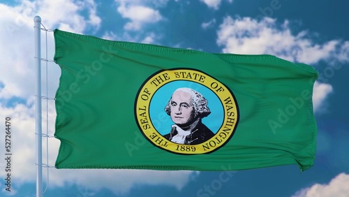 Washington state flag on a flagpole waving in the wind, blue sky background. 3d illustration photo