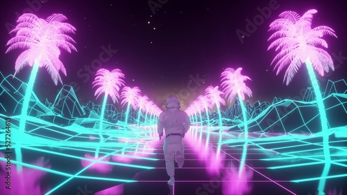 Astronaut runs surrounded by flashing neon lights. Music and nightclub concept. Retro 80s style synthwave background. 3d illustration