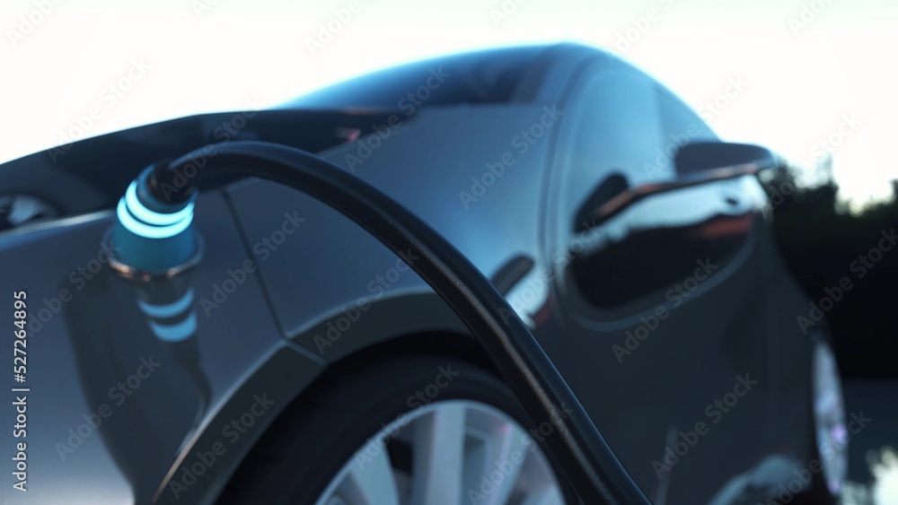 Electric car charging. Electric vehicle charging port plugging in car. 3d illustration Electric car charging. Electric vehicle charging port plugging in car. 3d illustration