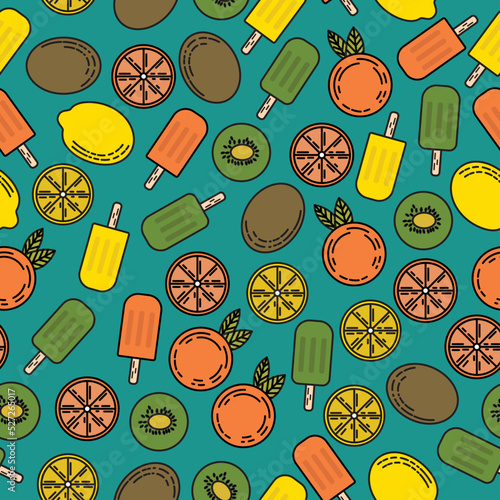 Seamless pattern of kiwi, lemon, orange, and popsicle sticks isolated on a cyan background