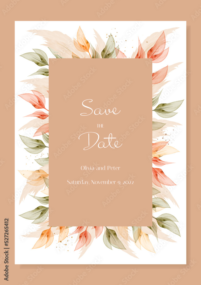 Modern wedding invitation card with autumn leaves, boho, rustic style. Save the date. Vector