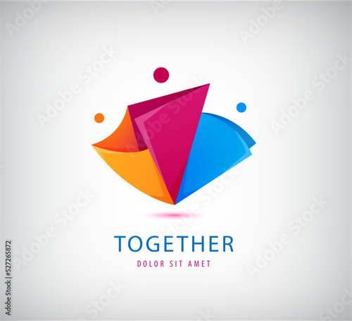 Vector men, people group, family origami logo. Child adoption and charitable foundation icon, social relations. Teamwork, together, network concept.