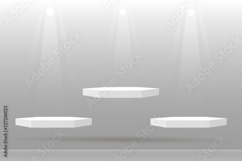 Podium, geometric shapes in white tones. An empty space for your design. 3d image.