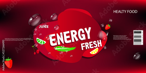 the label of an energy drink with fruit ice cubes and bubbles, in red and bard. for print and internet