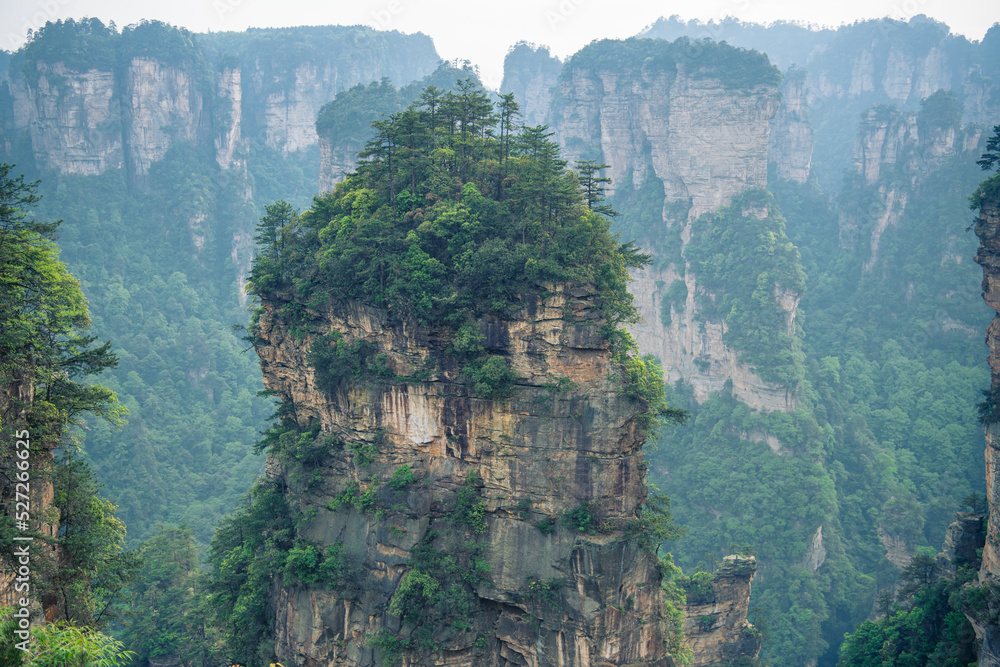 Horizontal image of the tip of Avatar Halellujah Rock in Wulingyuan National forest park, Zhangjiajie, Hunan, China, wallpaper background, copy space for text