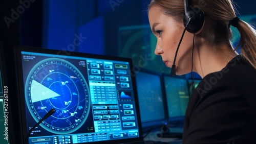 Fotografie Workplace of the air traffic controllers in the control tower