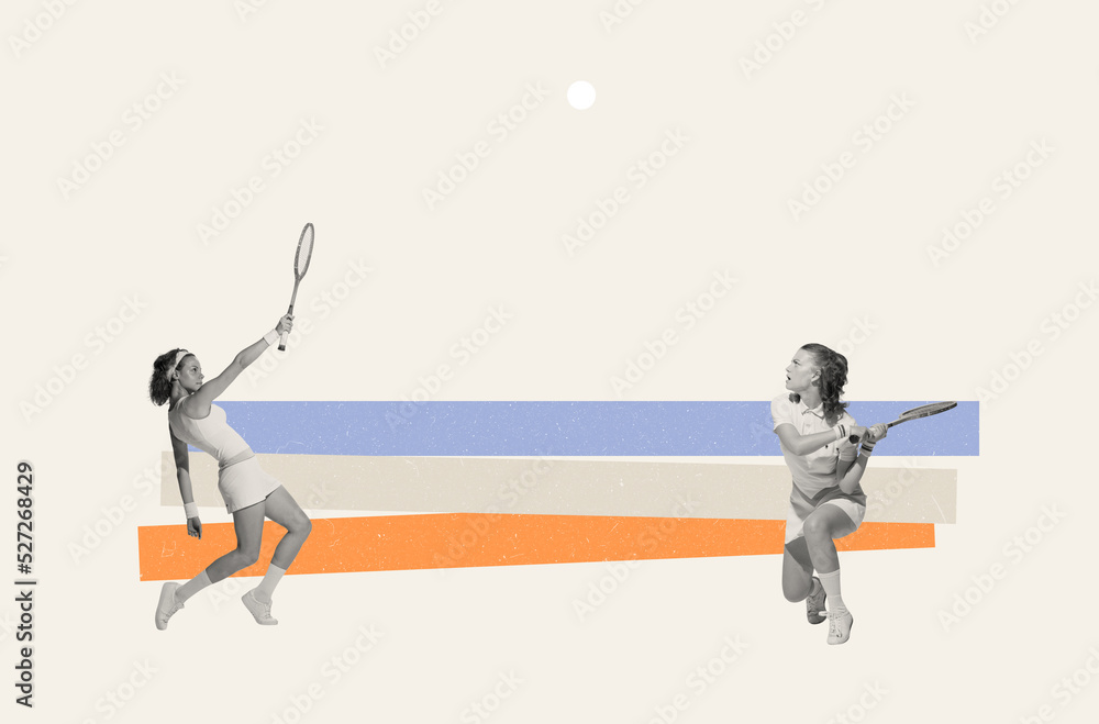 Contemporary art collage. Creative design in retro style. Two stylish young girls playing badminton. Leisure time and hobby