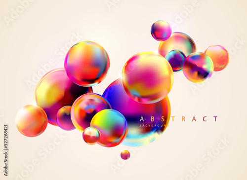 Colorful iridescent balls on dark background. Bright luminescent glass bubbles.