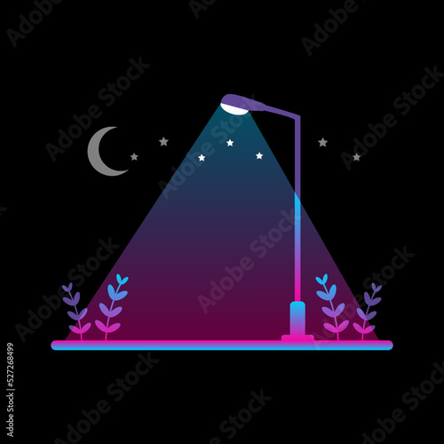 Streetlight lamp pole illumination at night time in the park with moon stars on dark black background neon blue purple light sci-fi cyberpunk flat icon vector design.