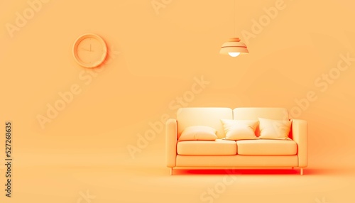 Interior of the room in plain monochrome pastel  color with furnitures and room accessories. Light background with copy space. 3D rendering