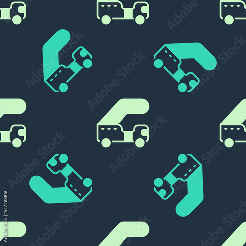Green and beige Passenger ladder for plane boarding icon isolated seamless pattern on blue background. Airport stair travel. Vector