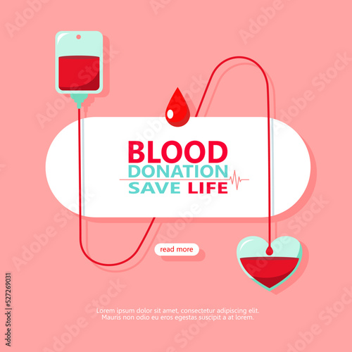 blood bag donated with heart, blood donor for poster, banner, card, and background. Vector illustration blood donation day concept.	