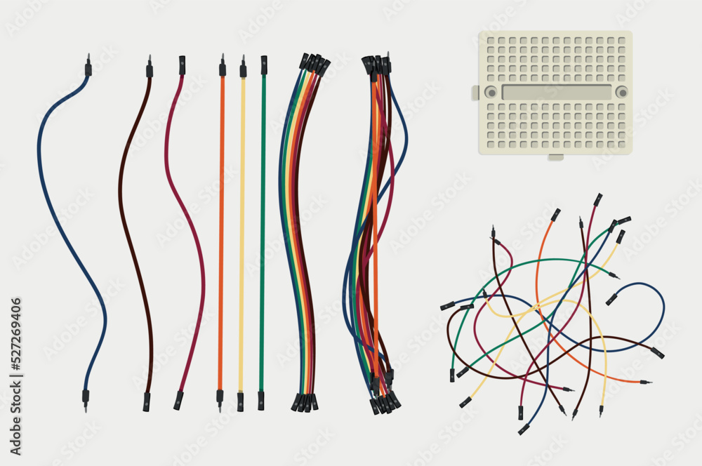 Vector illustration of conducting wires with breadboard top view - obrazy, fototapety, plakaty 